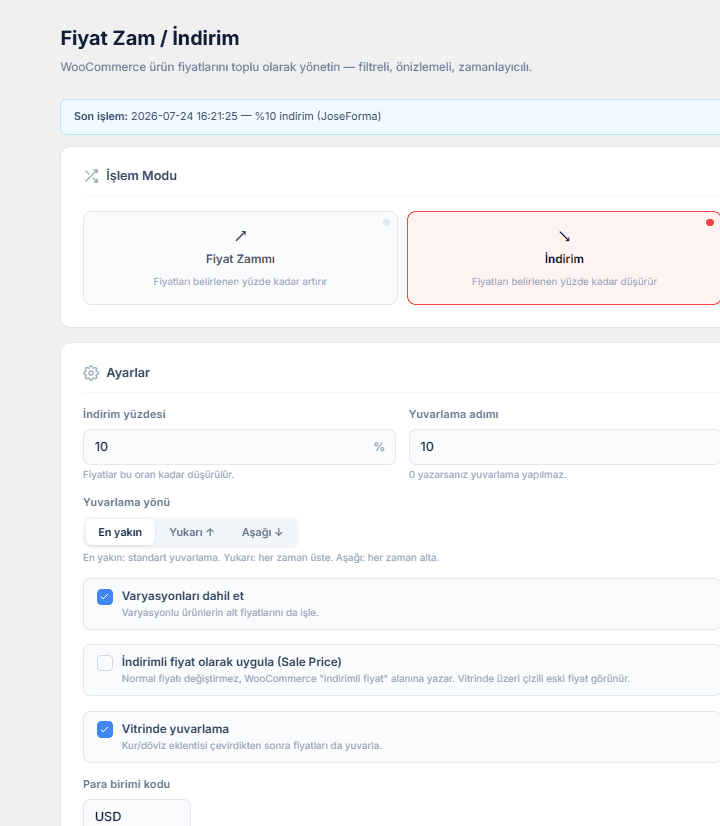 WooCommerce Toplu Zam ve Fiyat Yuvarlama Eklentisi